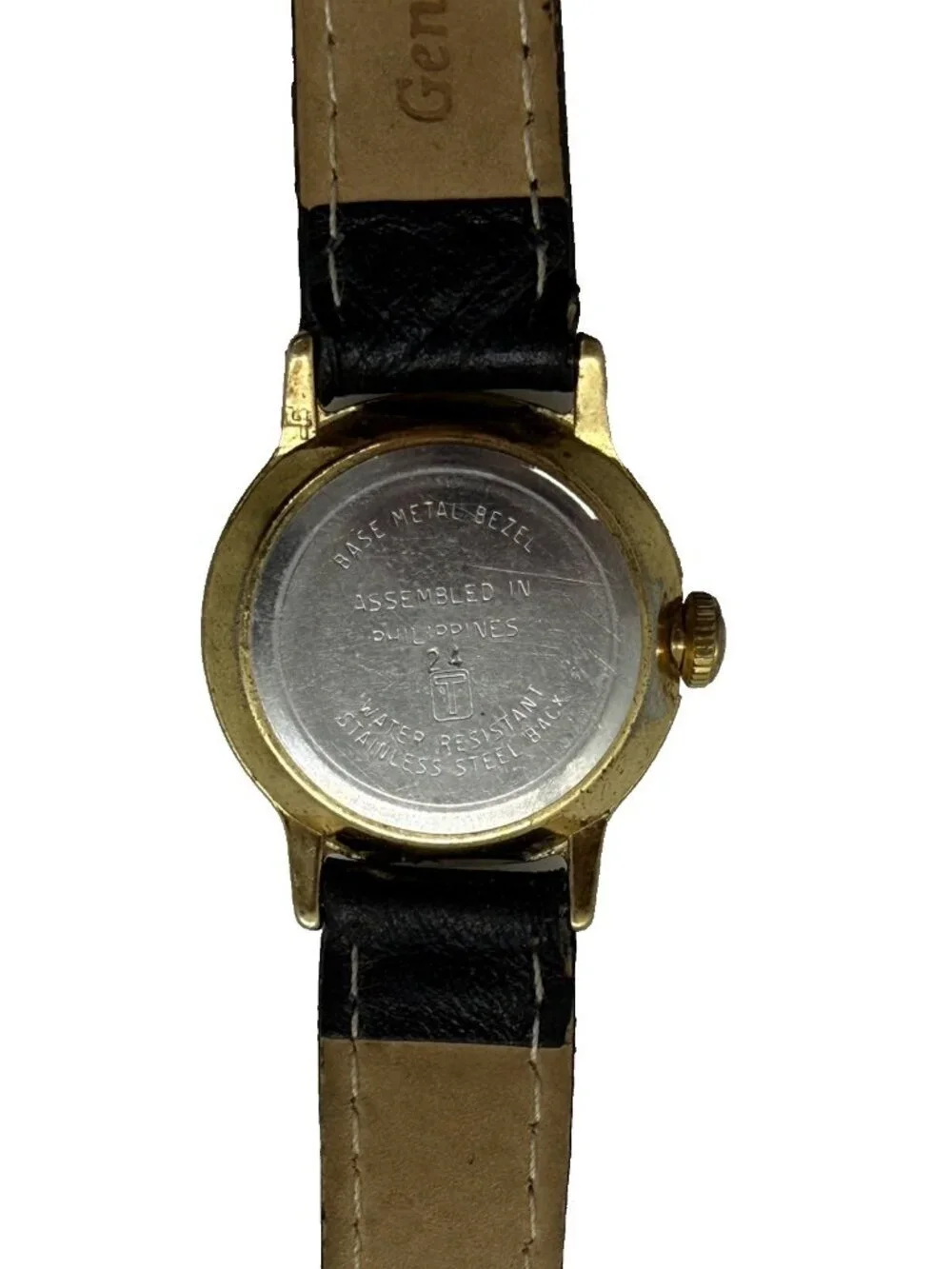Timex Women's Mechanical Watch Gold Tone Case Black Leather Band Arabic Numerals